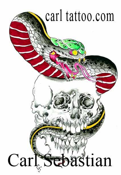 Carl Sebastian - snake ans skull watercolor